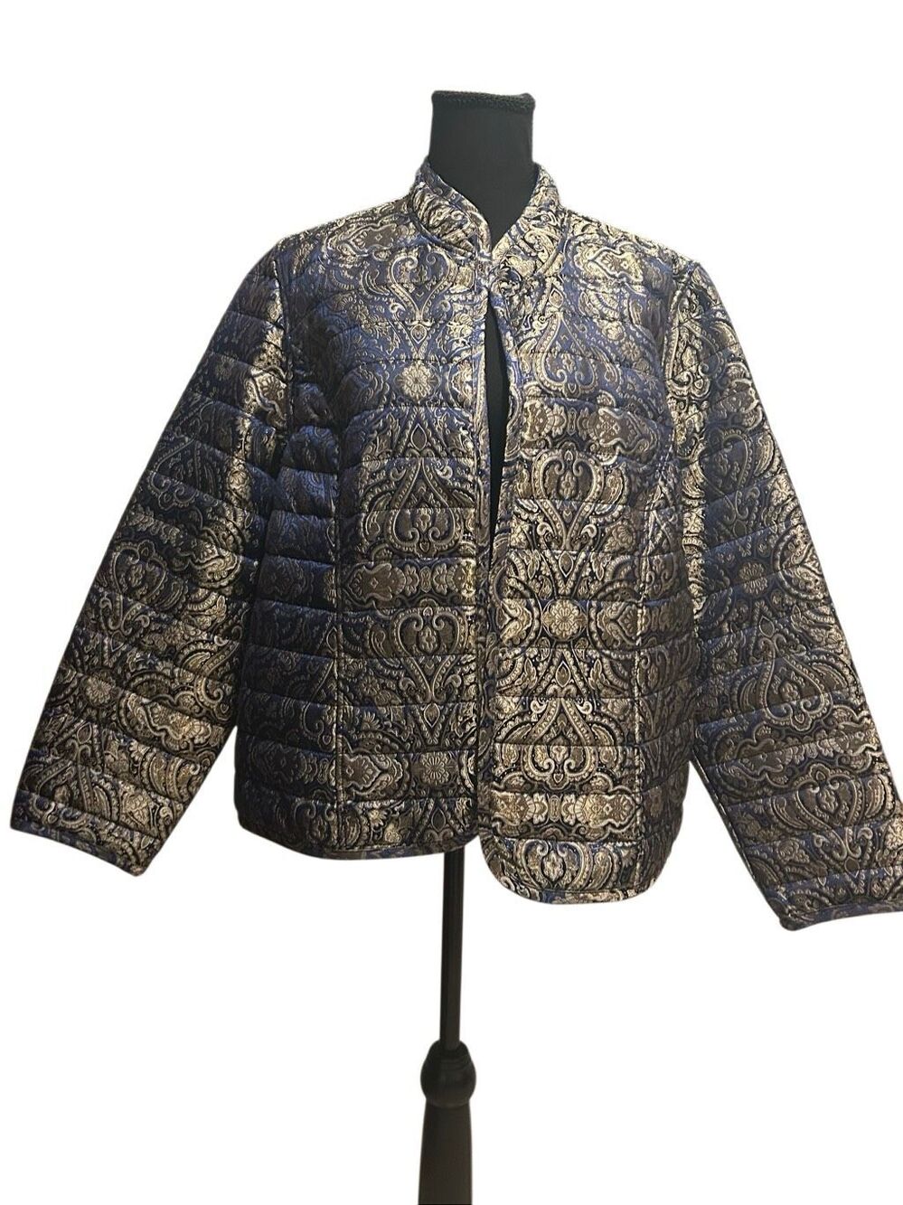 Chico's Quilted Paisley Open Front Jacket Size 3 US 16/18 Blue Gold Metallic